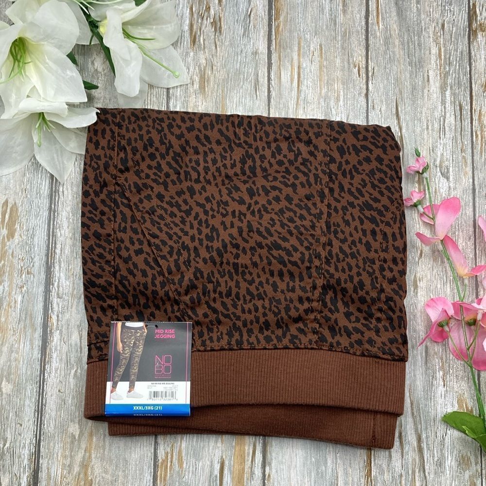Leopard Print Mid Rise Rib Waistband Jeggings Pants Size XXXL